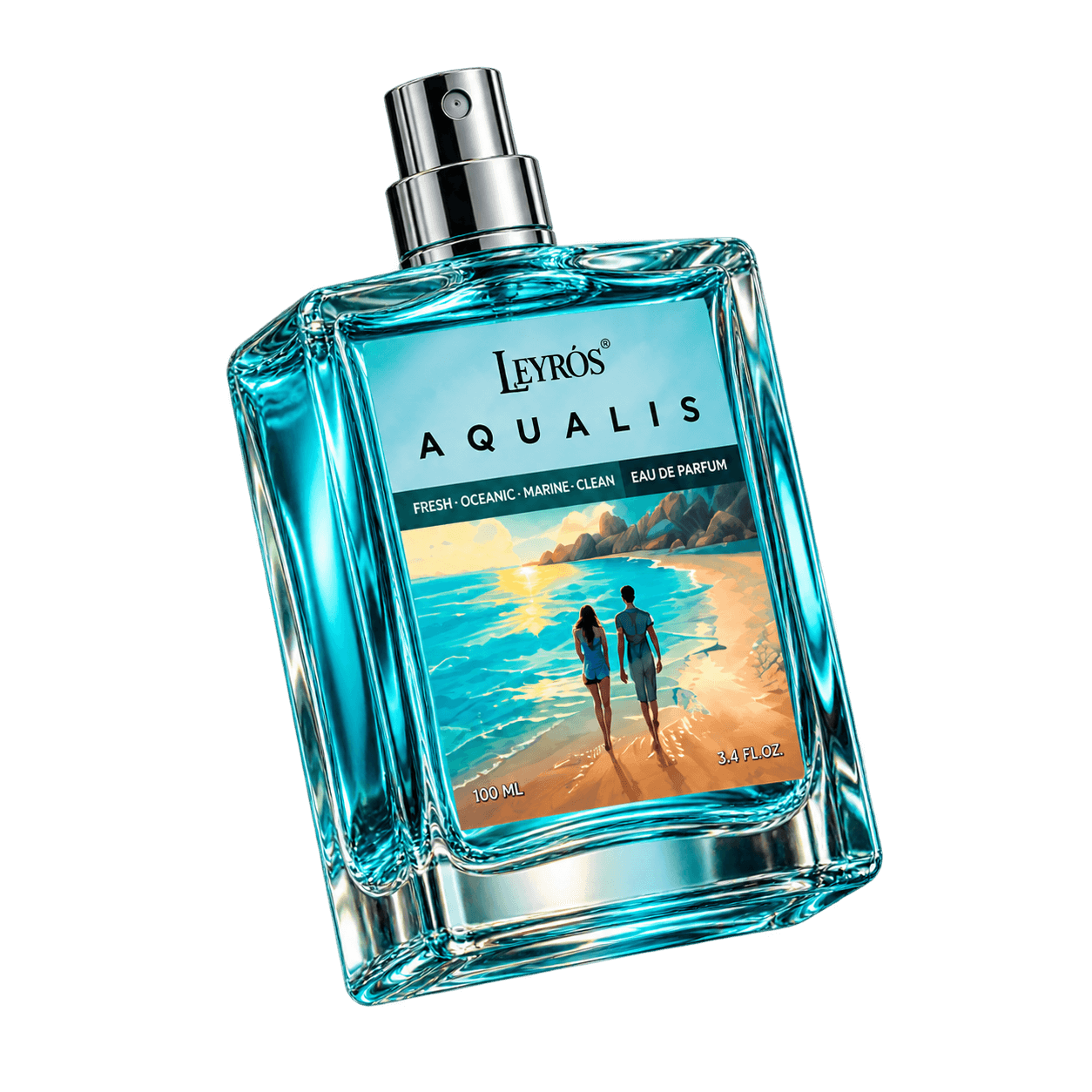 Leyros Aqualis perfume floating in glass with a silver atomizer
